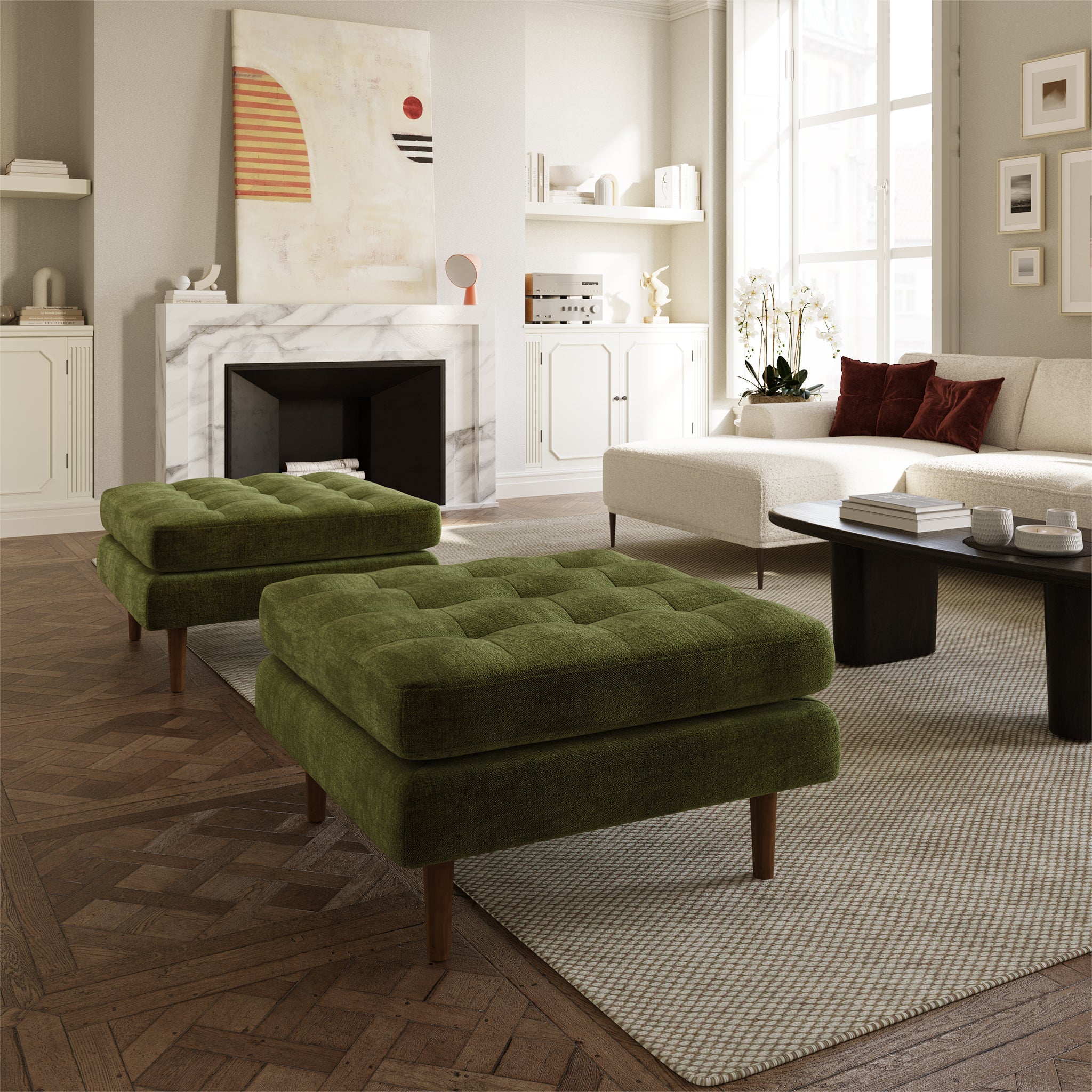 Velvet Ottoman | Distressed Green