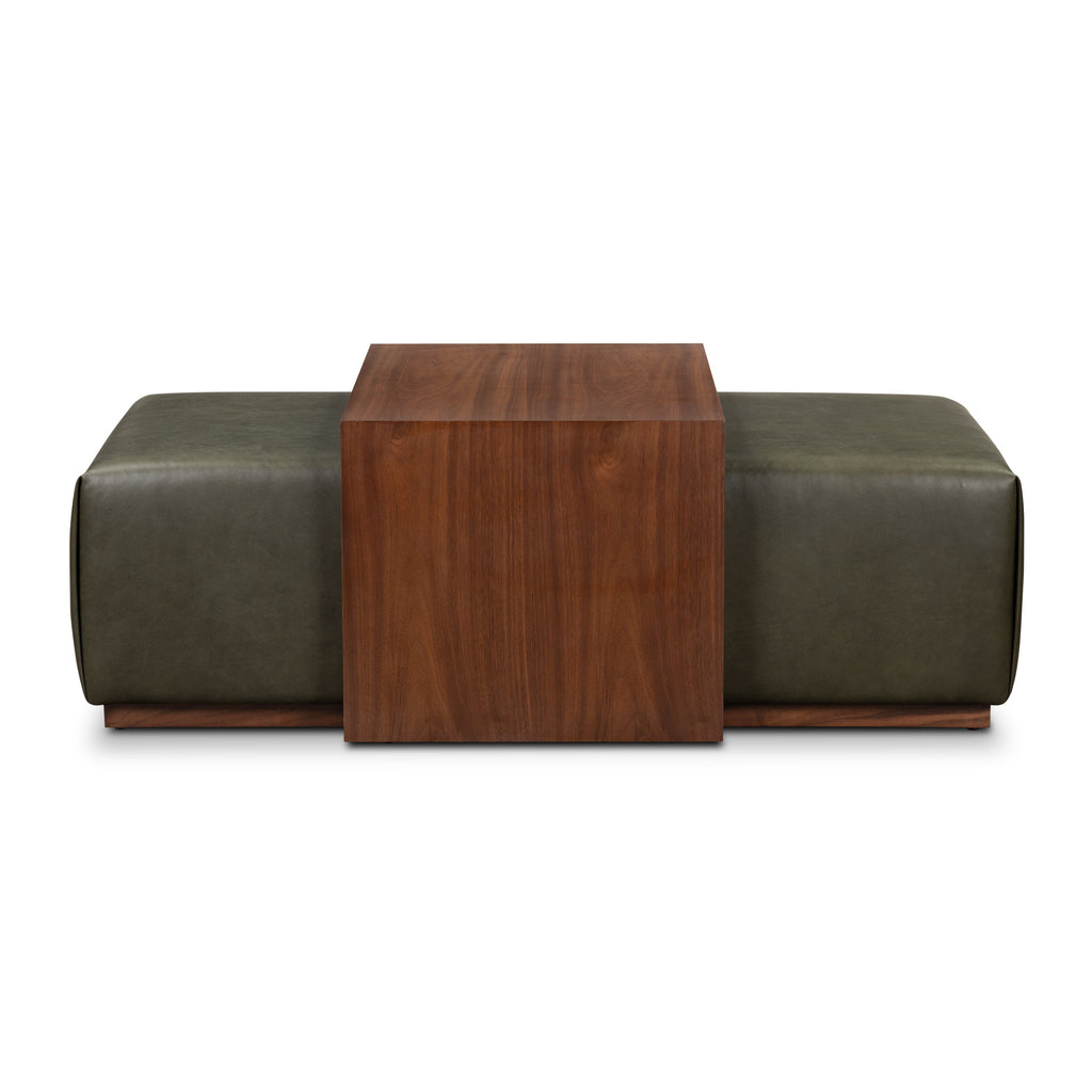 Leather Ottoman with Walnut Table | Olivine Green