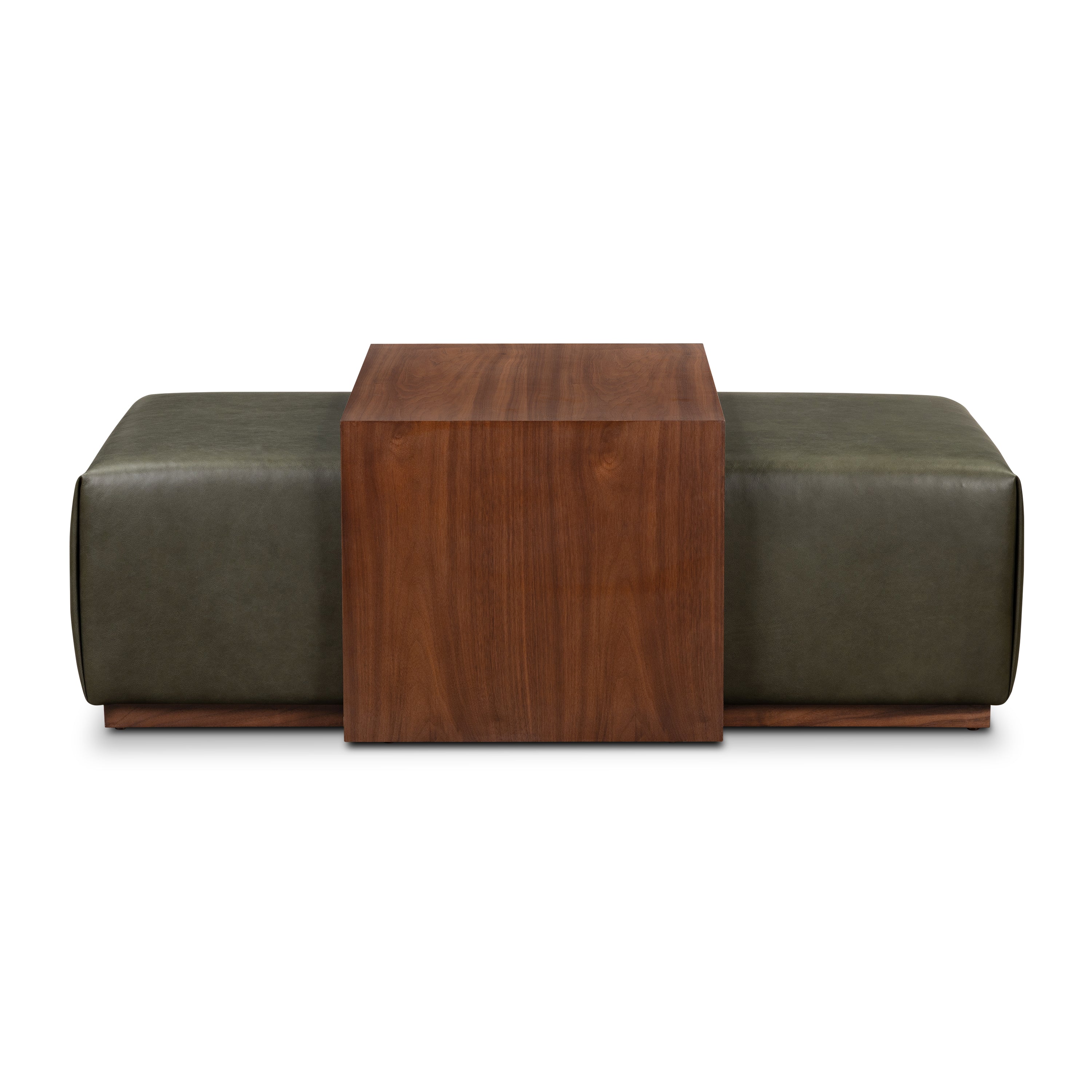 Leather Ottoman with Walnut Table | Olivine Green