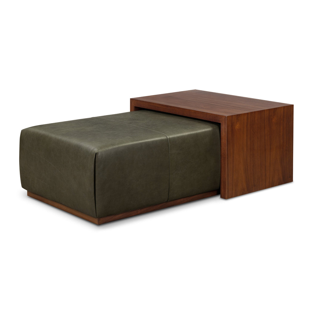 Leather Ottoman with Walnut Table | Olivine Green