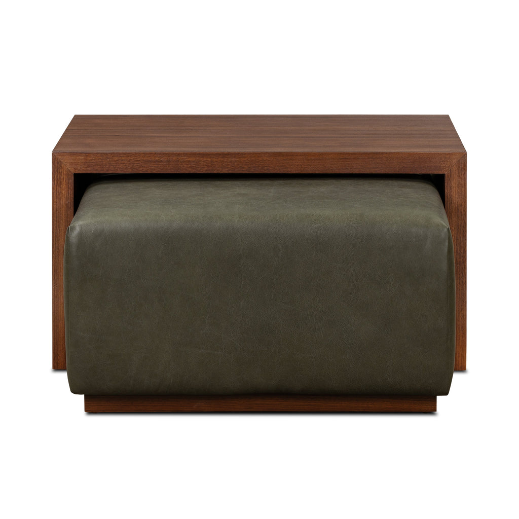 Leather Ottoman with Walnut Table | Olivine Green