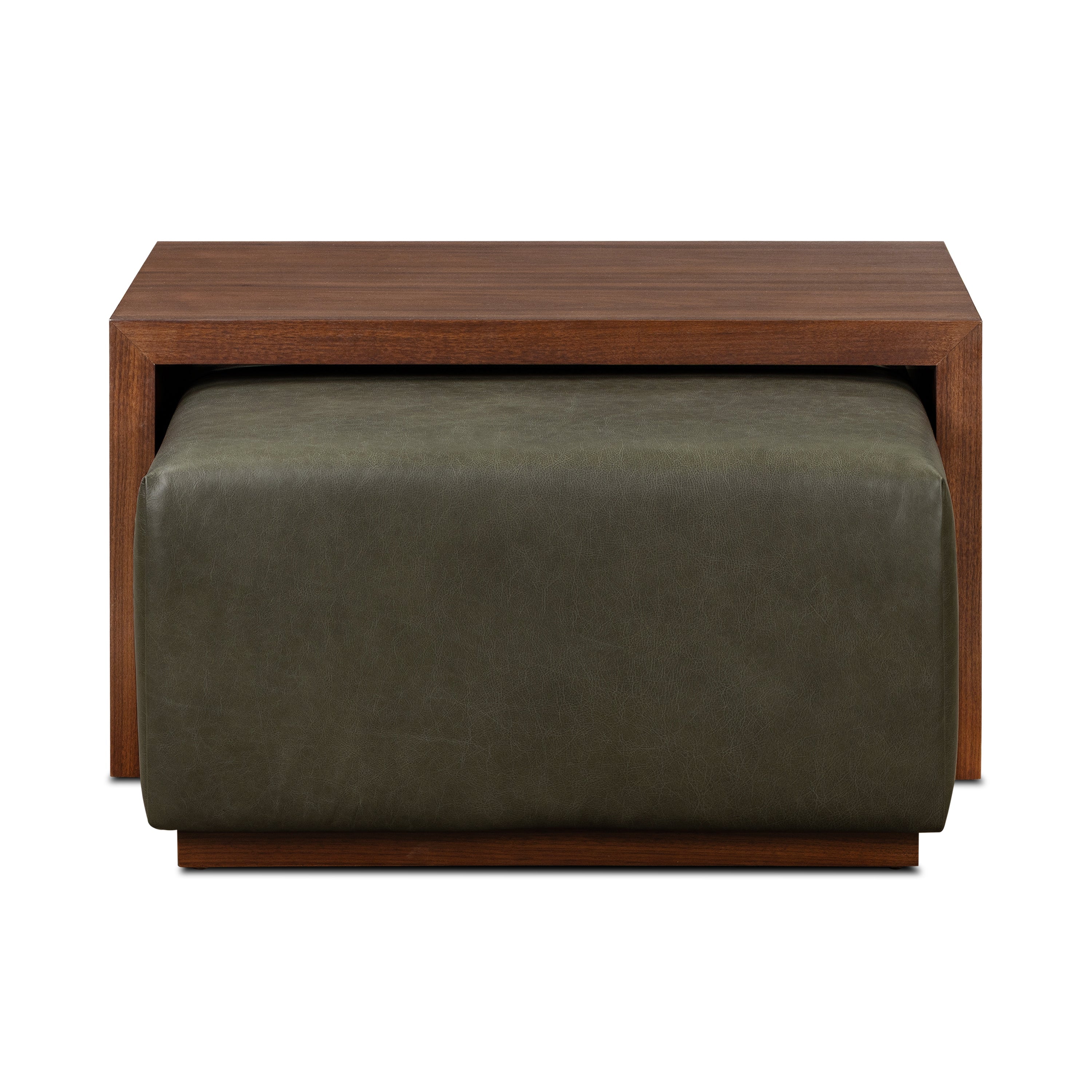 Leather Ottoman with Walnut Table | Olivine Green