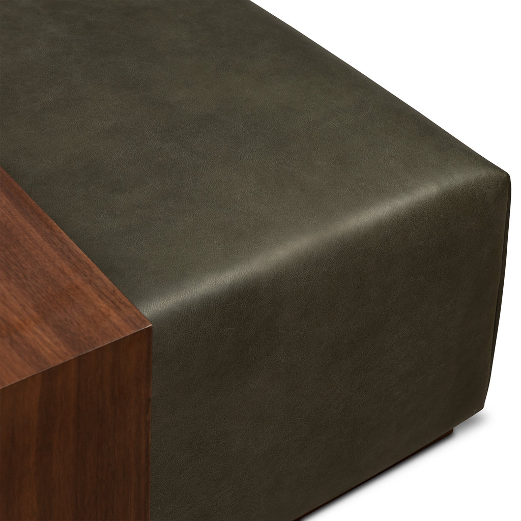 Leather Ottoman with Walnut Table | Olivine Green