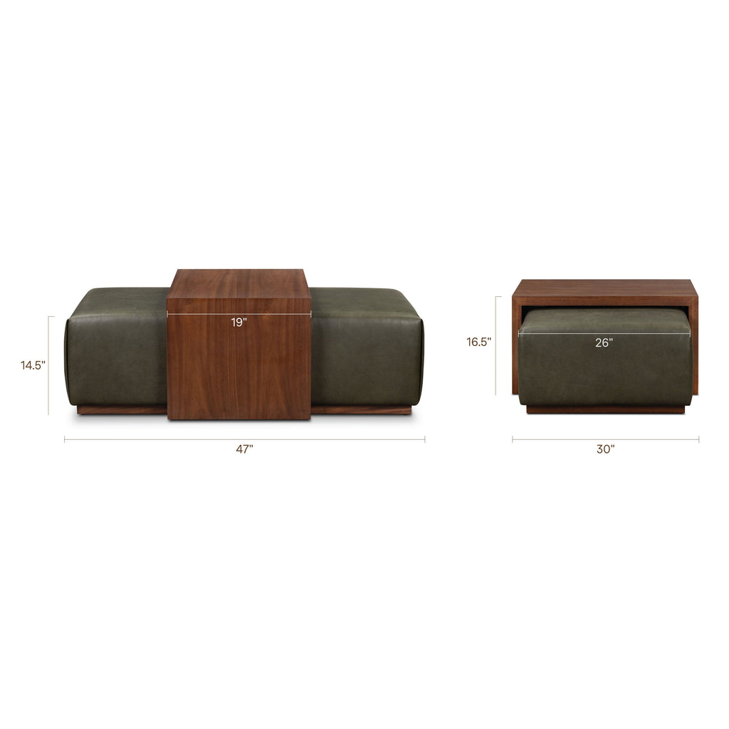 Leather Ottoman with Walnut Table | Olivine Green