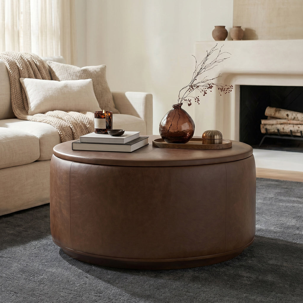 Leather Storage Ottoman | Cocoa Brown