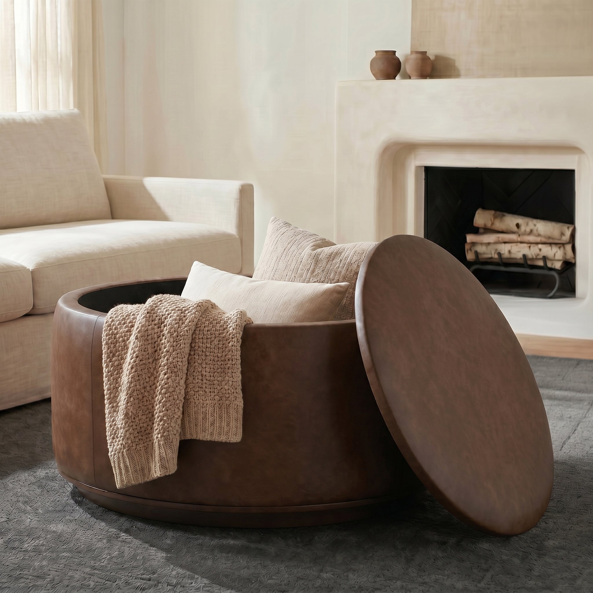 Leather Storage Ottoman | Cocoa Brown