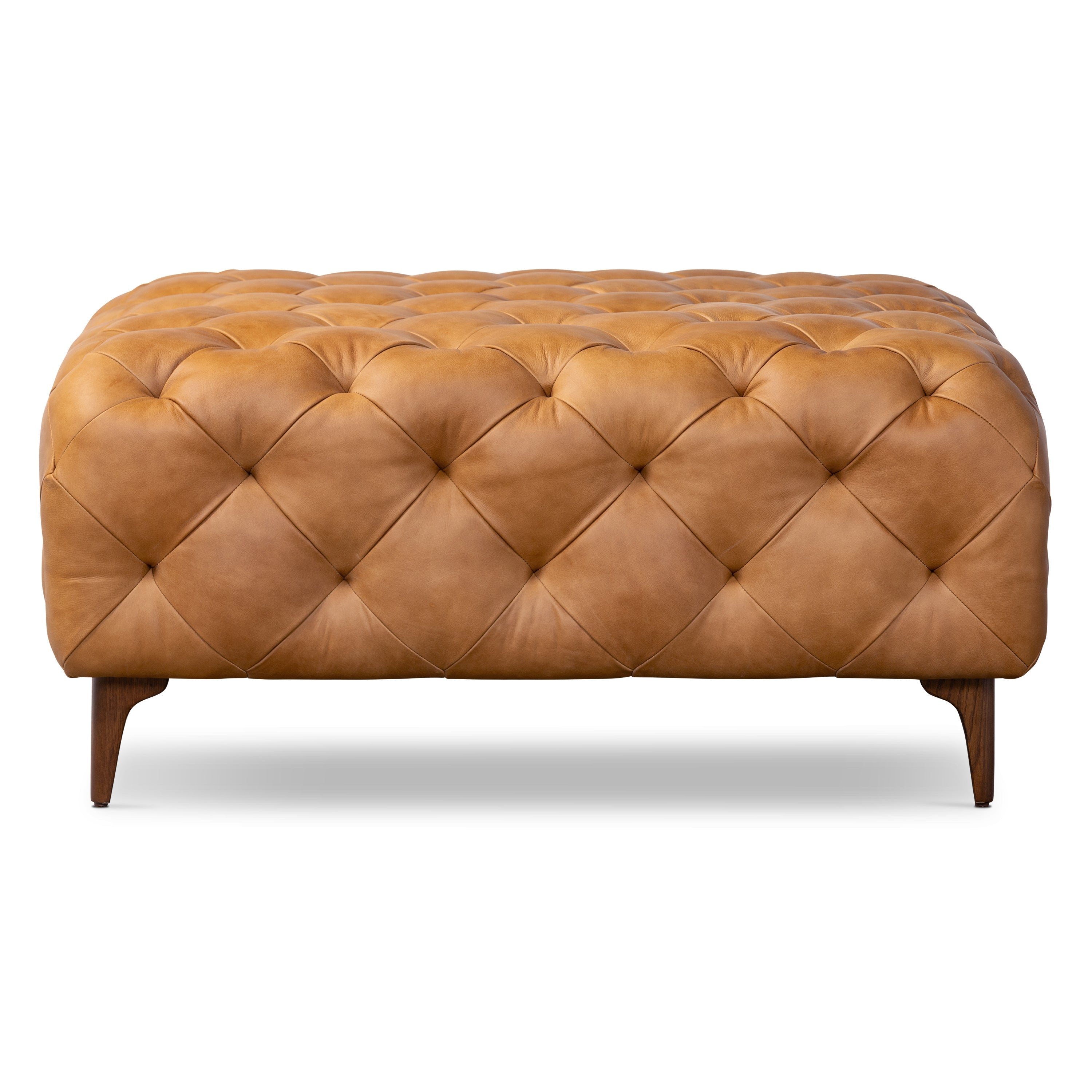 Leather Ottoman with Wood Legs | Cognac Tan
