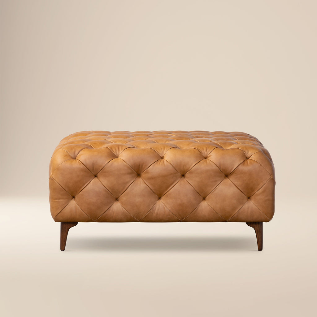 Leather Ottoman with Wood Legs | Cognac Tan