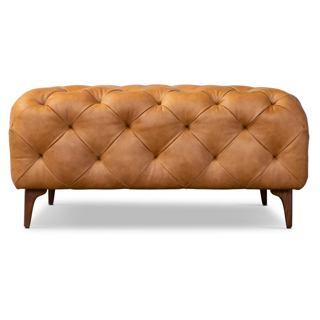 Leather Ottoman with Wood Legs | Cognac Tan